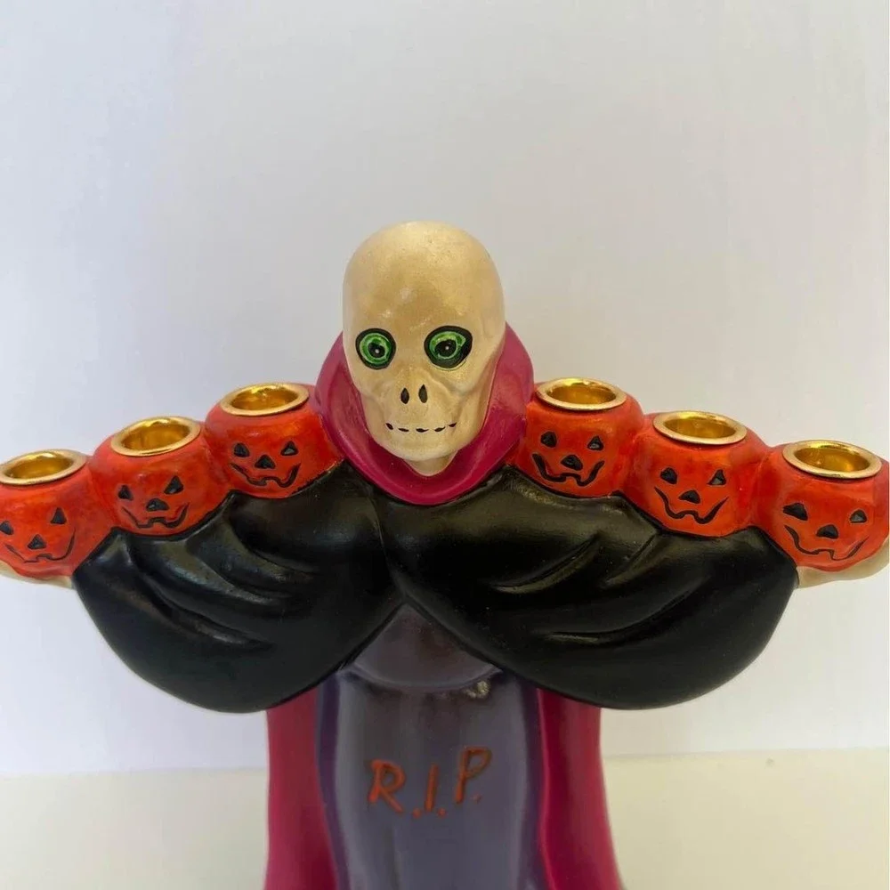 Russ Berrie 7.5” Pumpkin Skeleton Head Candleabra Decoration Vintage 70’s - Picture 4 of 8